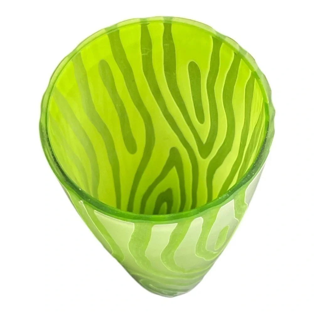 Vintage 1960s Green White Zebra Stripe Cased Art Glass Vase 12